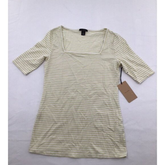 HALOGEN Womens Size XS Square Neck Knit Short Sleeve Top in Green White Stripe - Picture 1 of 6